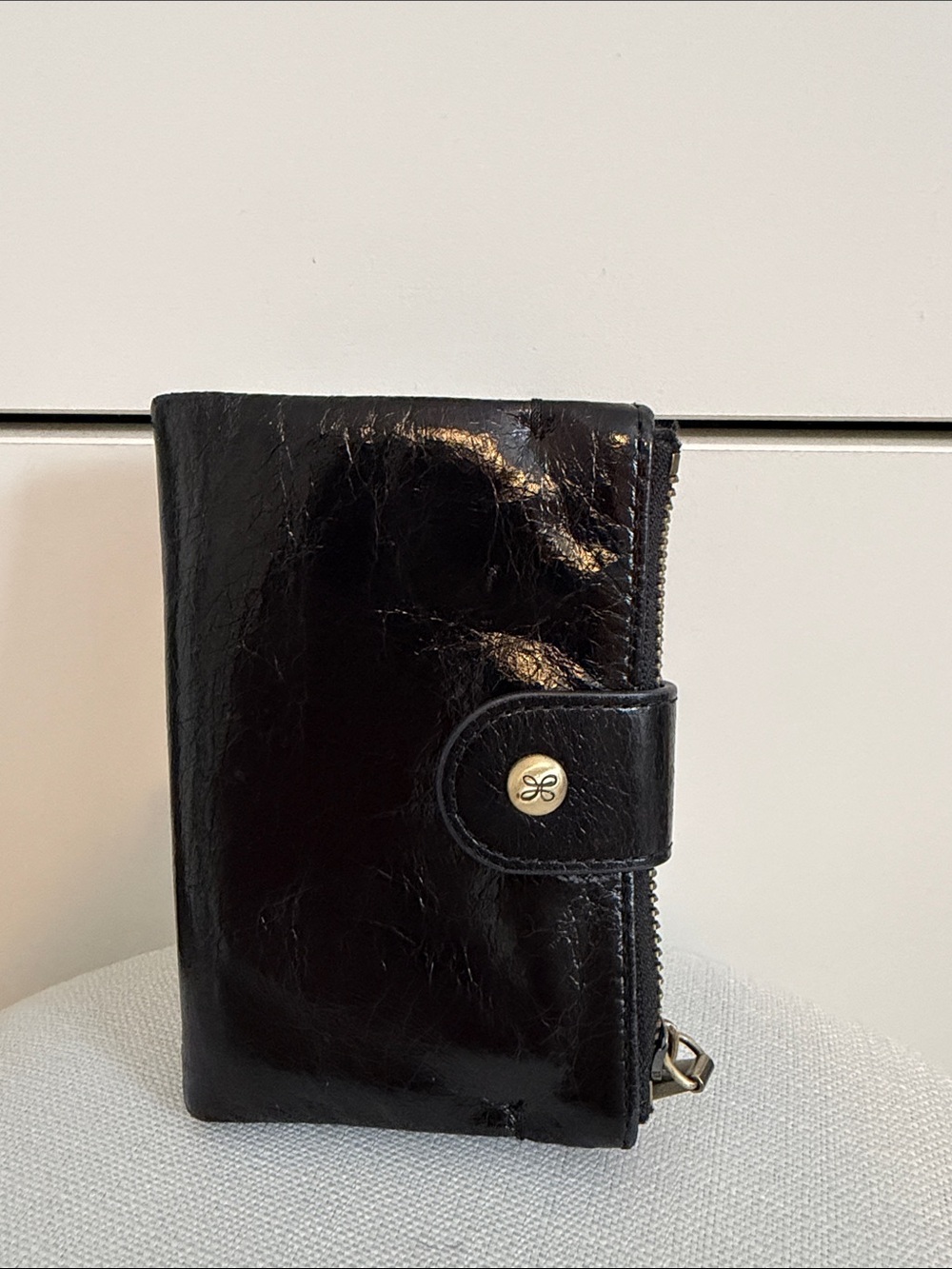 HOBO Black Patent Leather Snap & Zip Wallet
